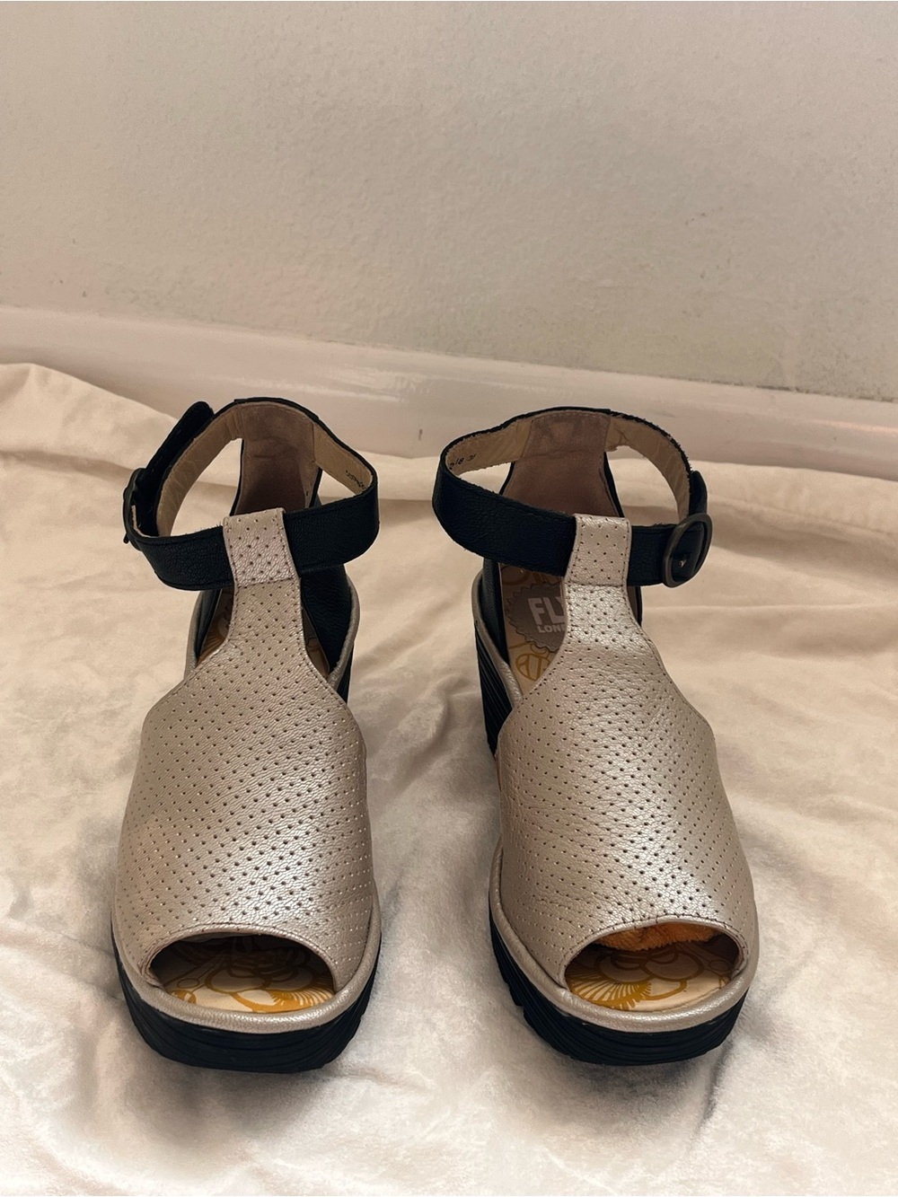 Fly London Metallic Gold $240 Perforated Wedge Sandals with Black Ankle Strap - Picture 2 of 10